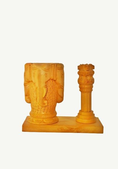 Ashoka Pillar Tabletop Pen Holder crafted in white wood with 4 elephant head carving thumbnail 2